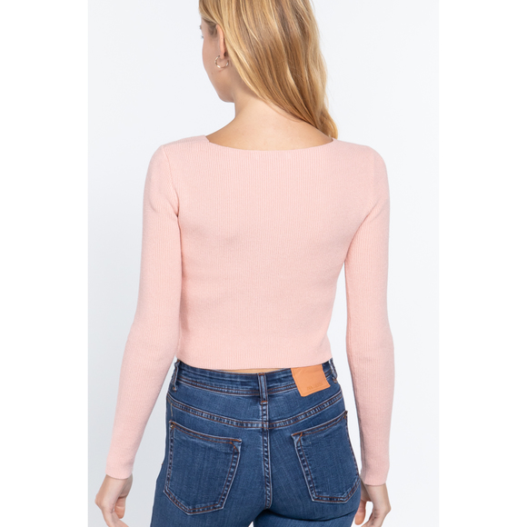 V-neck Front Knotted Crop Sweater - Picture 4 of 7